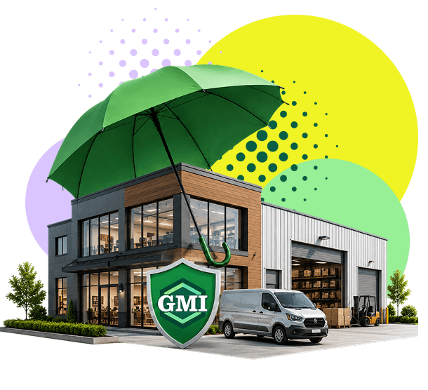 A business property protected by GMI — a warehouse and delivery van sheltered under a green umbrella with a GMI shield